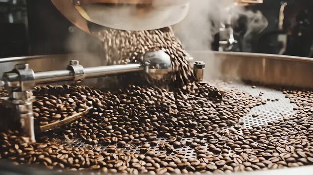 Close up of freshly roasted coffee beans tumbling and cooling in a large industrial roaster for quality production concept and rich aroma