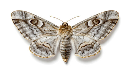 Obraz premium Detailed macro shot of a large moth with intricate wing patterns and fuzzy body on a white background