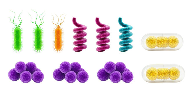 Vibrant 3d models of green bacilli, magenta spirilla, and violet cocci organized in rows on a sterile white backdrop with sharp lighting concept of microbiology