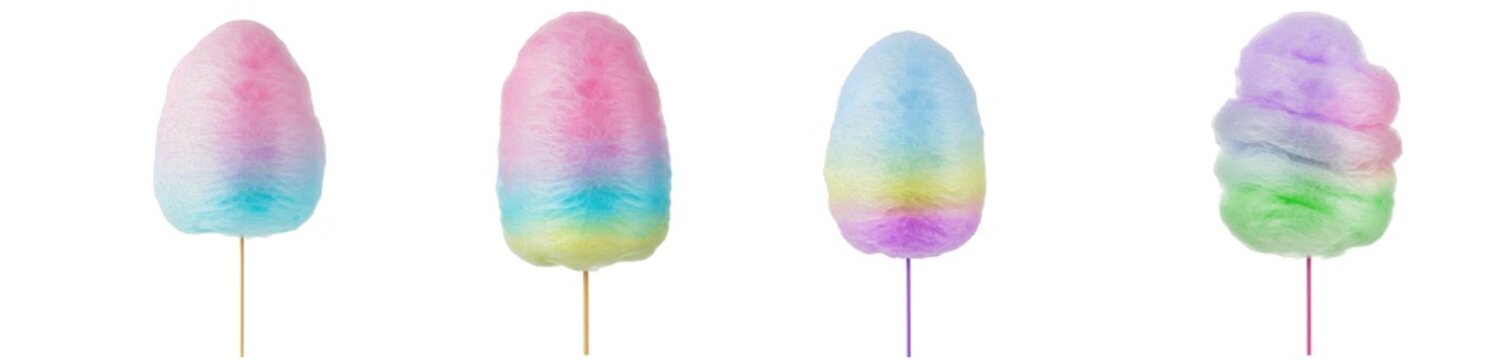 Rainbow cotton candy set, realistic fluffy candy floss on sticks collection, vibrant pastel pink blue purple and yellow sugar treats, PNG isolated on white