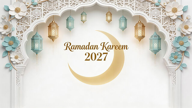 In the center floating in mid-air, beautiful typography reads 'Ramadan Kareem 2027', seamlessly combining sweeping, elegant gold script with a classic gold serif font. Happy New Year, New Year