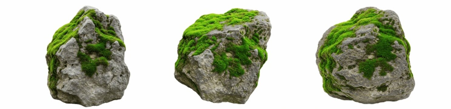 Realistic mossy rock set, natural stone boulders with green moss collection, forest landscape elements for garden and environment design, PNG isolated on white.