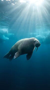 Majestic walrus swimming underwater with dramatic sunbeams piercing through deep blue ocean water creating ethereal marine wildlife scene for conservation content.