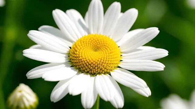 Closeup of a vibrant daisy flower with delicate white petals and a bright yellow center blooming in a sunlit meadow showcasing natures beauty and simplicity in spring.
