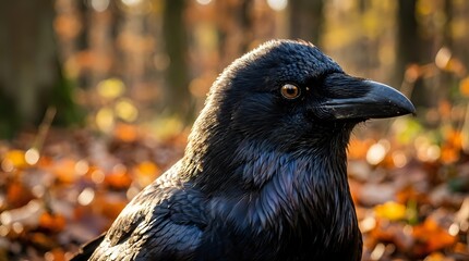 Fototapeta premium Black raven portrait with autumn forest background and warm golden light creating atmospheric wildlife photography for nature and bird themed projects.