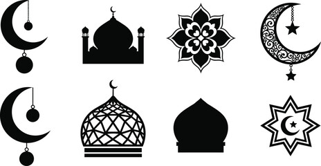 Collection of black and white islamic symbols including crescent moons stars domes and floral patterns © MstMoksada