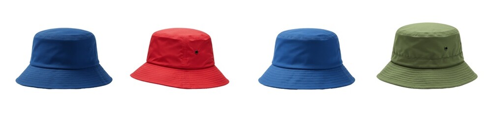 Colorful bucket hat set, cotton fisherman cap collection, stylish outdoor sun hats, assorted blue red and green headwear, PNG isolated on white. © Dag