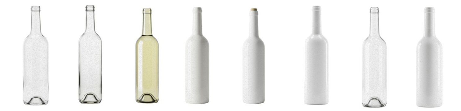 Glass wine bottle set, empty transparent and frosted liquid containers, clear beverage bottles collection, white and green glass packaging, isolated PNG on white