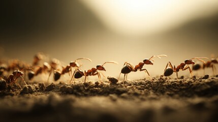 Fototapeta premium A disciplined colony of ants marching in a determined line across the textured ground