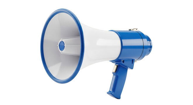 Blue and white megaphone isolated on transparent background for loud speaking