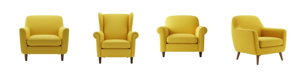 Yellow Modern Armchair Set, Comfortable Upholstered Living Room Furniture, Stylish Accent Chairs for Interior Design, Realistic 3D Furniture Collection Isolated on White Background PNG
