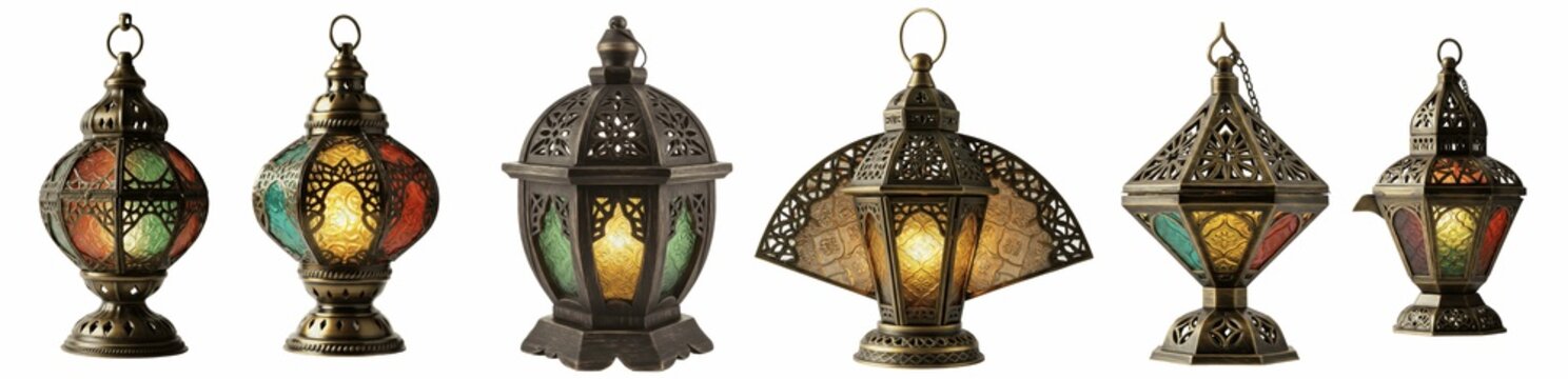 Moroccan lantern set, ramadan decorative lamps, arabic style lanterns collection, middle eastern hanging light, ornate metal glass lanterns, isolated PNG on white