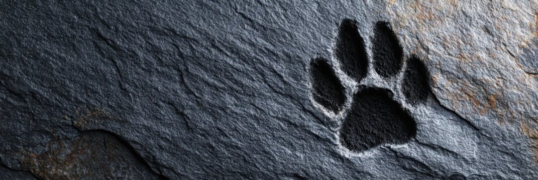 Deep animal paw print engraved on dark black slate stone background, panoramic web banner with copy space.