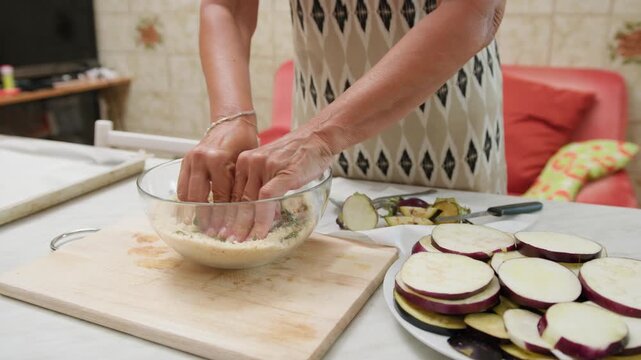 Typical Sicilian food eggplant breading for homemade parmigiana