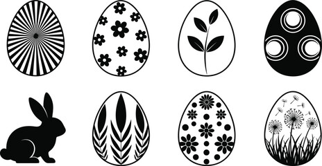 Collection of black and white easter-themed including eggs, flowers, and a rabbit © MdSar