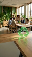 Fototapeta premium Green recycling symbol on wooden table in eco-friendly office with business team meeting and plants creating sustainable workplace environment.