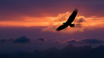 Naklejka premium Majestic eagle soaring above mountain peaks at dramatic sunset with purple and orange sky. Freedom and power concept for inspirational designs.