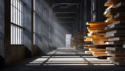 Obraz premium Sunlight Streams Through Warehouse Windows Illuminating Stacked Lumber.