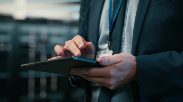 Engineer walks in data center offering enterprise solutions for cloud storage hosting companies. Worker oversees hardware supporting AI driven services enabling machine learning tasks, camera B