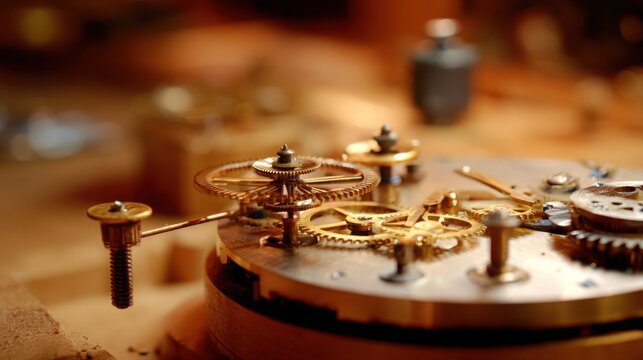 Intricate antique automaton clockwork mechanism with golden gears and intricate components