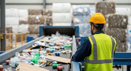 Professional male worker in yellow hard hat and safety vest overseeing waste sorting on a conveyor belt at a modern recycling plant with plastic and metal waste
