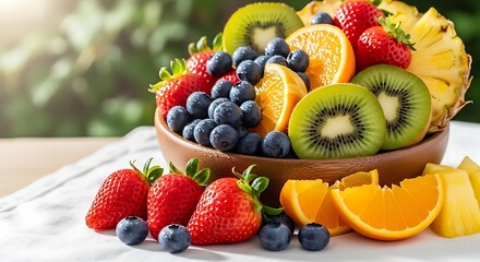 Obraz premium Vibrant bowl brimming with fresh mixed fruit on a bright sunny morning