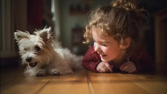 A young girl lying on the floor laughing softly while playing with a small white dog indoors