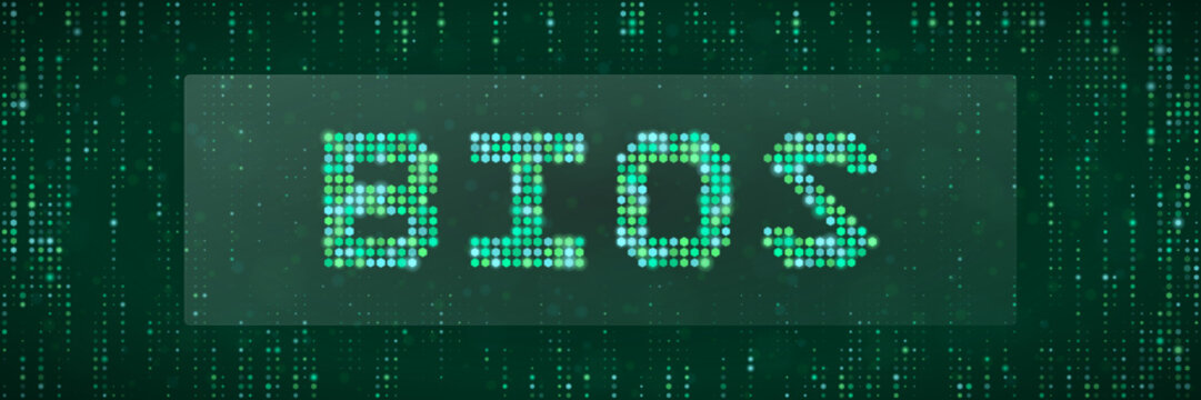 BIOS text on green digital matrix background for computer firmware security and system recovery