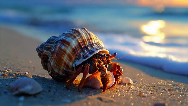A hermit crab emerges from its shell on a sandy beach at sunset, bathed in golden light