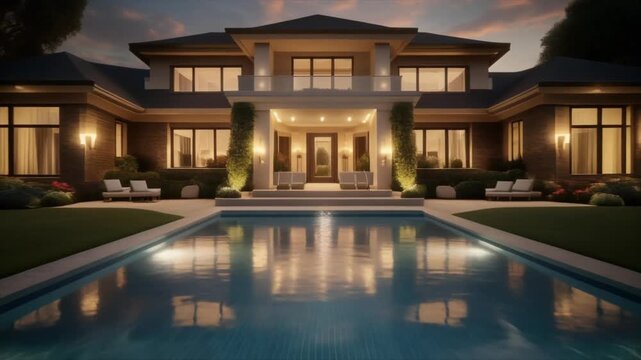 Luxury Modern House with Swimming Pool at Dusk Suburban Mansion with Garden and Pool Area luxury house