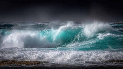 Obraz premium Massive Turquoise Ocean Wave Crashing with White Foam Under Dark Stormy Skies