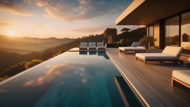 Modern infinity pool overlooking mountains at sunset with lounge chairs on wooden deck modern house mountain view