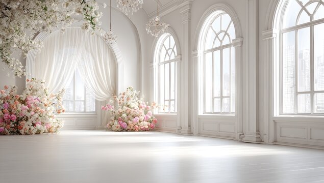Elegant Wedding Hall Interior with Floral Decorations and Arched Windows.
