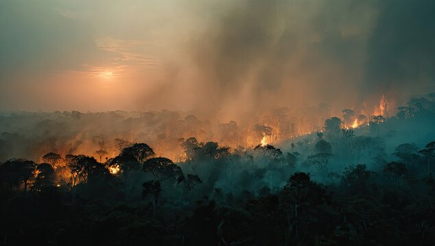Wildfire Blaze Illuminates Night Sky with Smoke and Flames.