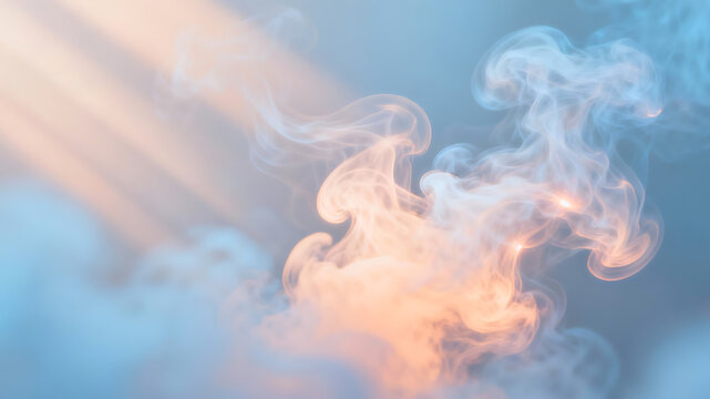 Close-up shot of wispy smoke tendrils illuminated by sunlight against a soft blue background with warm tones.