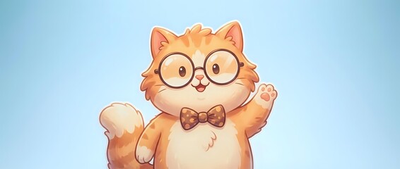 Naklejka premium Cute orange tabby cat character wearing glasses and bow tie waving hello on light blue background for children's books and educational materials.
