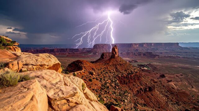 Dramatic Lightning Storm Over Grand Canyon Landscape at Night.