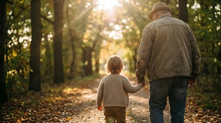 Fototapeta premium Grandfather and grandson walking hand in hand on forest path during golden hour sunset. Warm family bonding moment in autumn woodland setting.