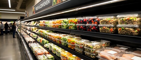 Fototapeta premium Modern grocery store produce section with fresh fruits and vegetables displayed in refrigerated cases under bright LED lighting for retail marketing.