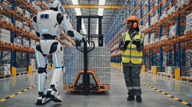 A robot works at a warehouse with a human, close up.
