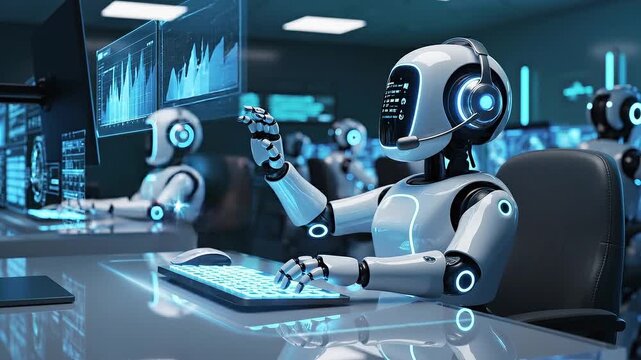 Digital robot sitting at desk in futuristic office is great for video production. Digital robot has technology with interface elements. AI bot for video background in commercial projects.