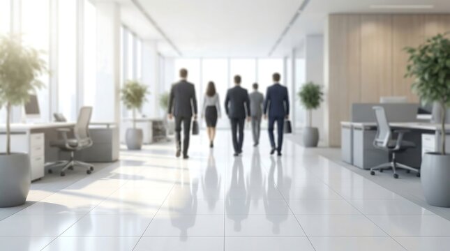 A group of blurred business professionals walks away down a bright, spacious, modern office hallway, featuring potted trees and elegant workstations.