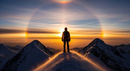 Obraz premium Silhouette of a male hiker standing on a snowy mountain peak at sunset with a rare sun halo and sundogs in the sky