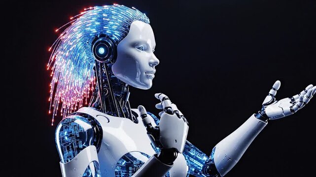 Female robot or cyborg holds out its hand. bionic mechanical woman with AI. Artificial intelligence or neural network in image cybernetic girl. Animation with alpha channel. Digital technology concept