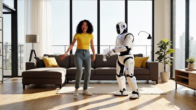 Living room with a lady and a robot dancing joyfully
