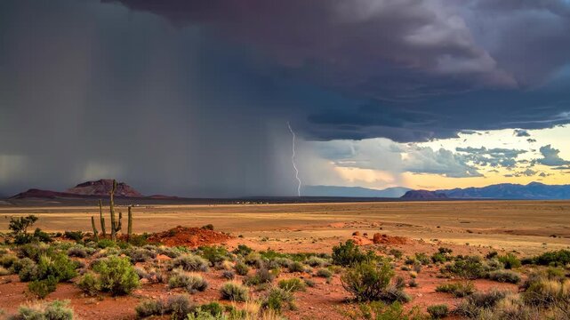 Dramatic Lightning Strike Over Desert Landscape During Stormy Weather.