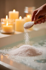 Fototapeta premium Home Spa Experience: Relaxation with Bath Salt, Candles & Aromatherapy for Wellness and Tranquility
