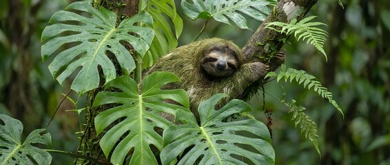 Fototapeta premium Adorable sloth hanging peacefully on tropical tree branch surrounded by lush green monstera leaves and ferns in rainforest habitat for wildlife conservation.