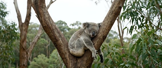 Obraz premium Koala sleeping peacefully in eucalyptus tree branches surrounded by green foliage in natural Australian bush habitat during daytime.