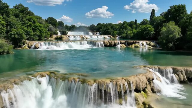 Cascading waterfalls flow over travertine terraces into turquoise water surrounded by lush green forest